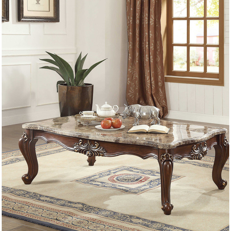 60 Inch Rectangular Marble Top Coffee Table Cabriole Wood Legs Dark Brown